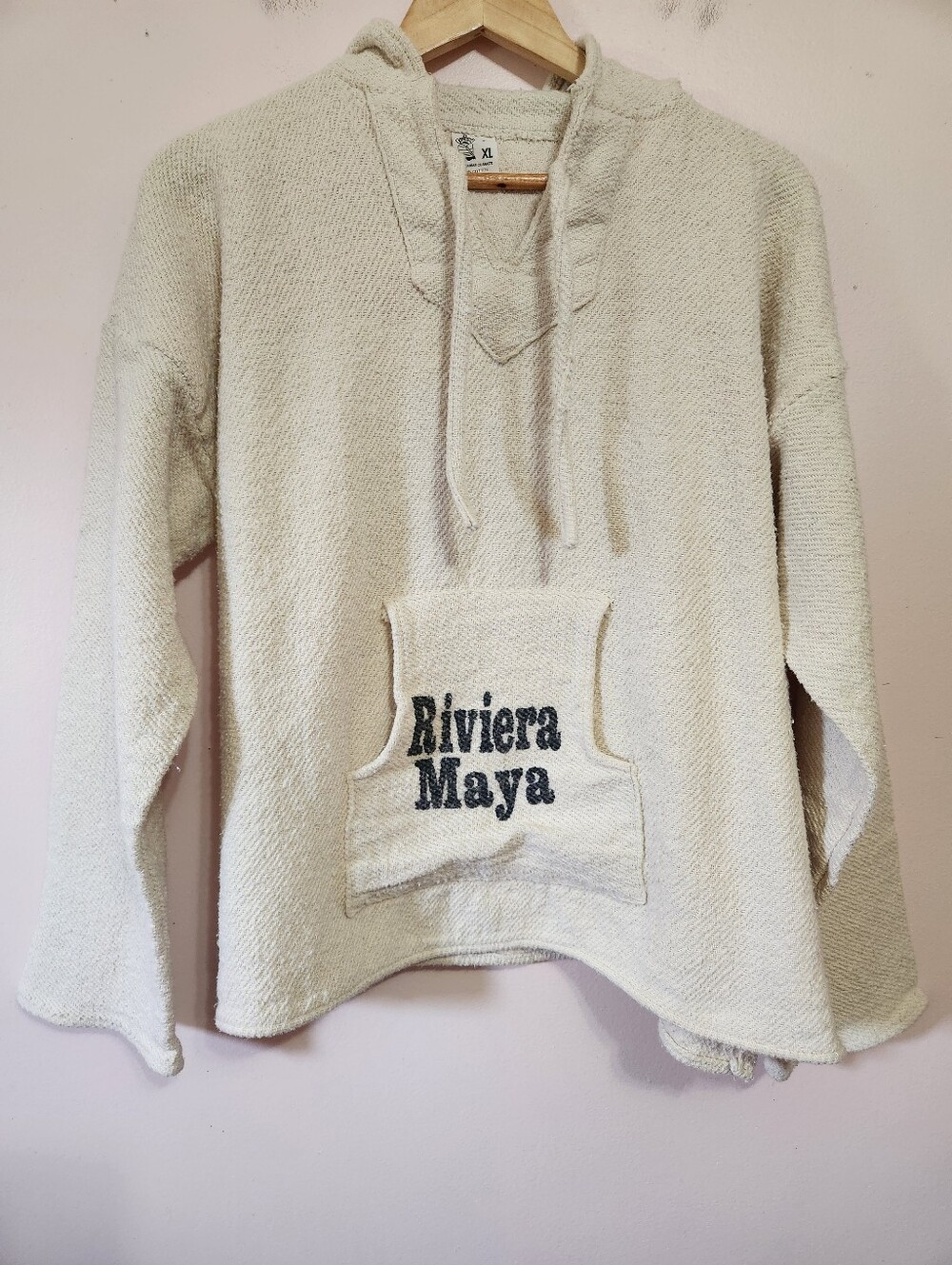 Vintage Artesanias Cuamatzi Baja Hoodie Riviera Maya Iguana Cream Cotton XL